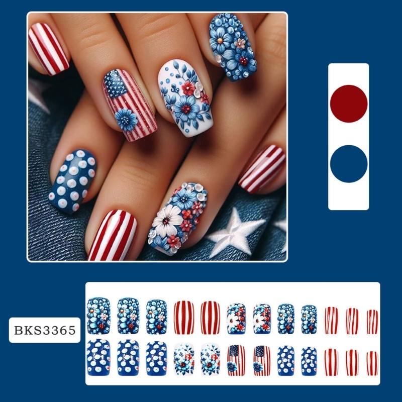 Independence Day Themed Press On Nail 24 Pieces Medium Square False Nail With Patriotic Flower Design For Celebrations