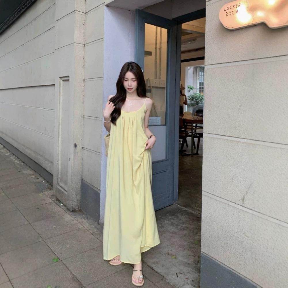 French gentle wind suspender dress summer new holiday loose age reduction thin A word medium and long dress women