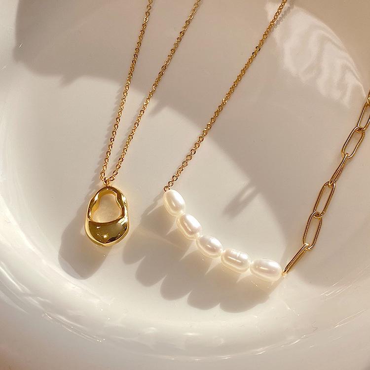 

Корейское ретро двухслойное металлическое ожерелье-чокер с жемчугом для женщин