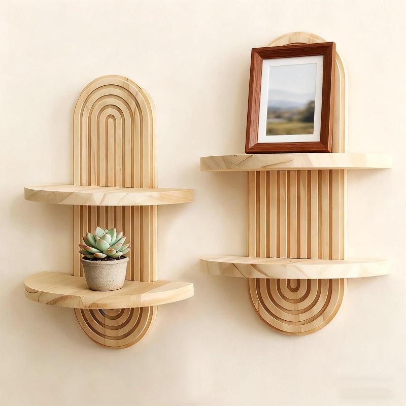 Boho Inspired Wooden Wall Mounted Double-layer Shelves for Office Decoration Wood