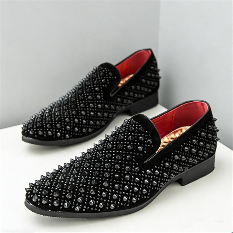 Hip-hop Rivet Rhinestones Pointed Slip On Shoes Men Designer Rock Punk Loafers Formal Wedding Prom Dress Homecoming Footwear