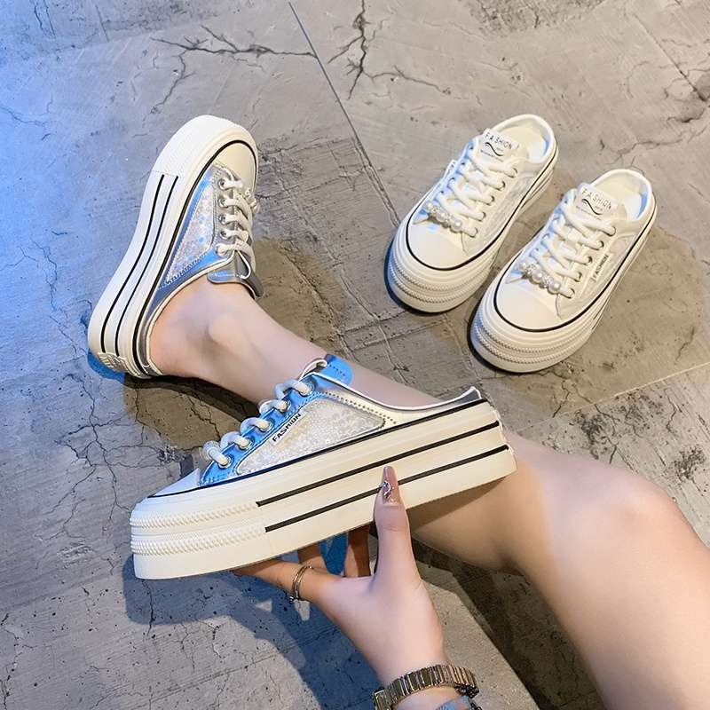 Silver Mesh Bag Head Half Slippers Women's Summer Wear 2025 New Muffin Little White Shoes Versatile Height-increasing Lazy Shoes