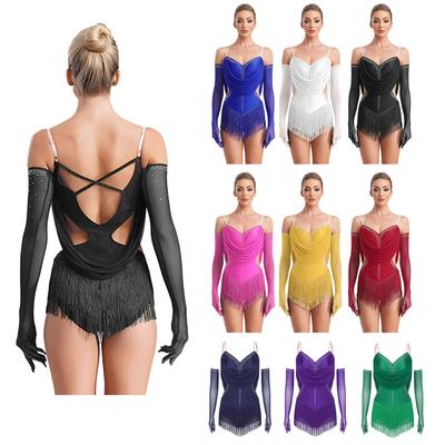Womens Ruched Mesh Dance Leotard Glittery Rhinestones Adjustable Straps Cutout Fringed Bodysuit
