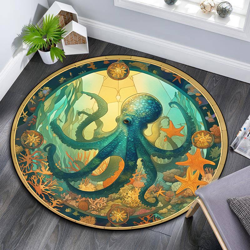 Octopus and Starfish Round Area Rug,Carpet Rug for Living Room Bedroom Sofa Playroom Decor,Non-slip Floor Mat