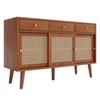Sideboard, Chest Of Drawers with 3 Drawers and 3 Sliding Doors, Rattan Mesh On The Door Fronts, Legs Made of Solid Wood, Golden Metal Iron Handle,
