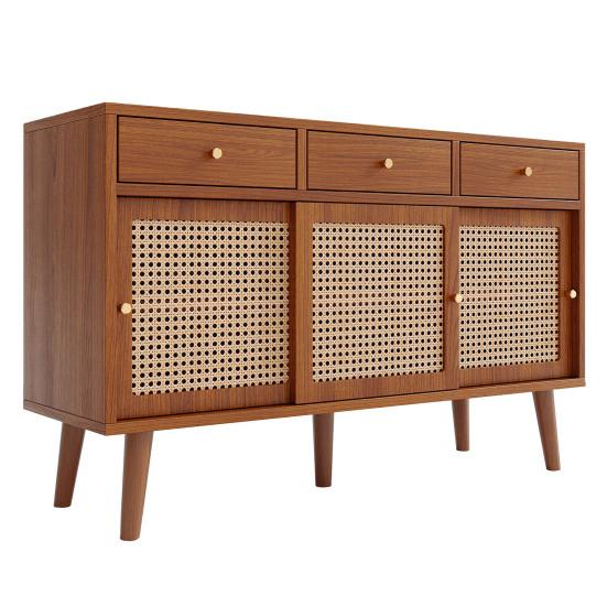 Sideboard, Chest Of Drawers with 3 Drawers and 3 Sliding Doors, Rattan Mesh On The Door Fronts, Legs Made of Solid Wood, Golden Metal Iron Handle,