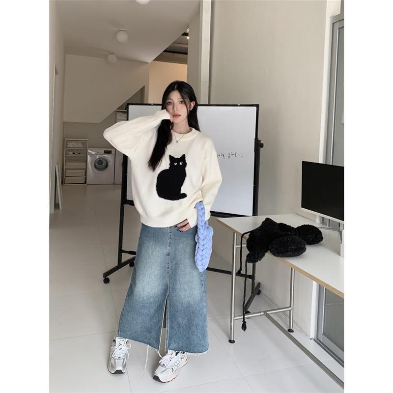 Koreansk stil Dam Kort Pullover Stickad Tröja Höst och Vinter Retro Lös Topp