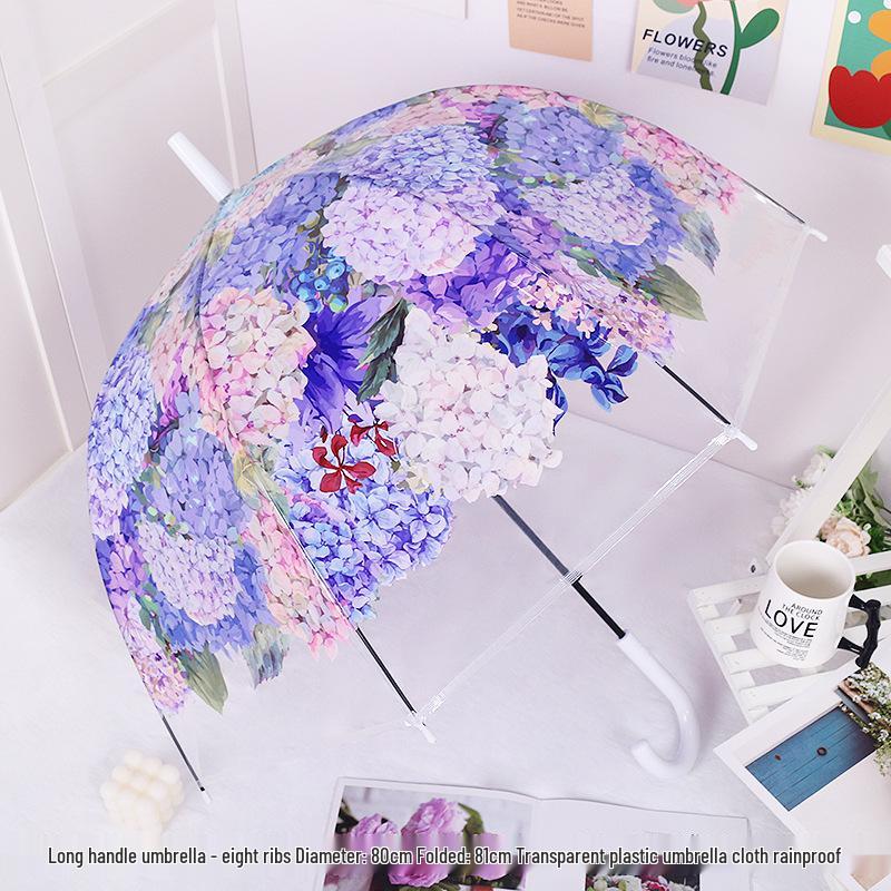 Japanese Forest Style Transparent Cherry Blossom Umbrella with Arched Long Handle for Students