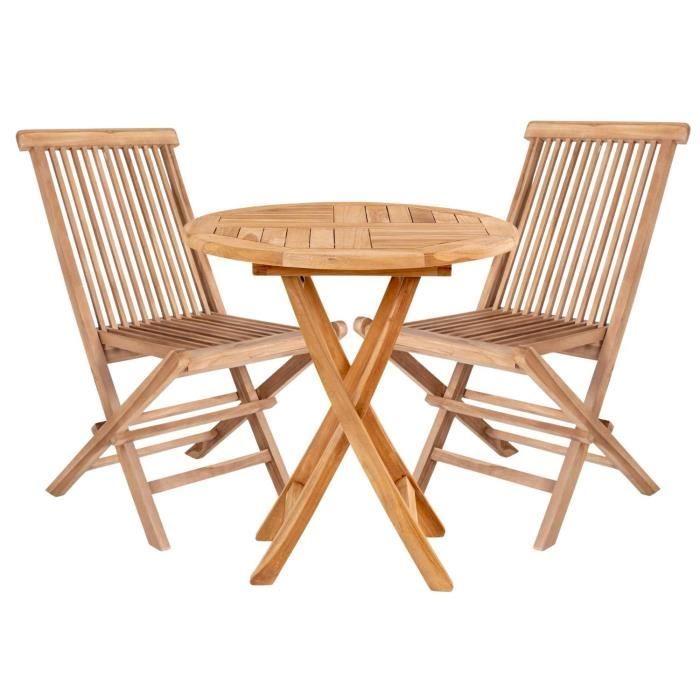 Table de jardin en teck Ø 70 cm + 2 chaises - Blanc - Bois massif - Naturel - Extérieur
