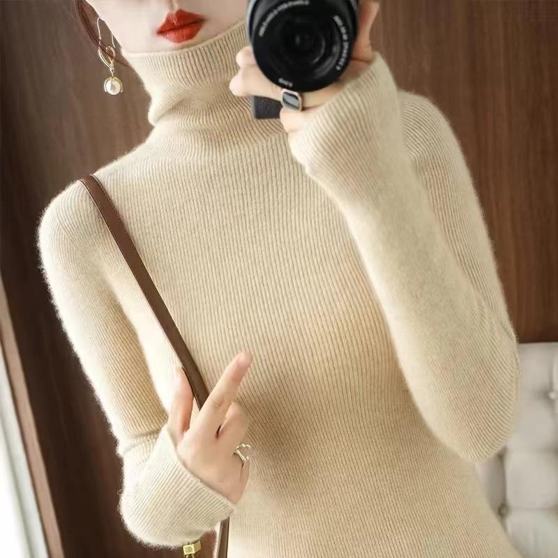 Soft waxy pile-neck knitted bottoming shirt for women, slim spring and autumn style temperament versatile solid color turtleneck bottoming