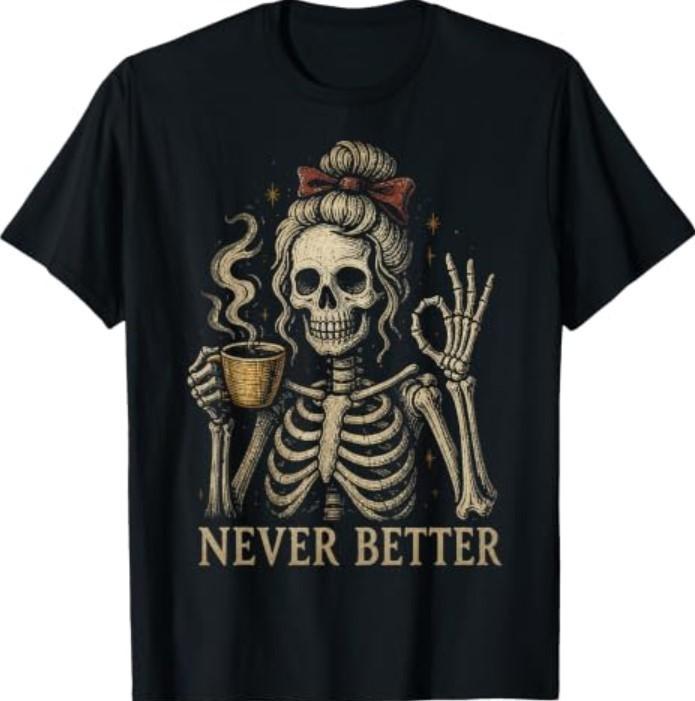 Skeleton Coffee Messy Bun Skull T-Shirt