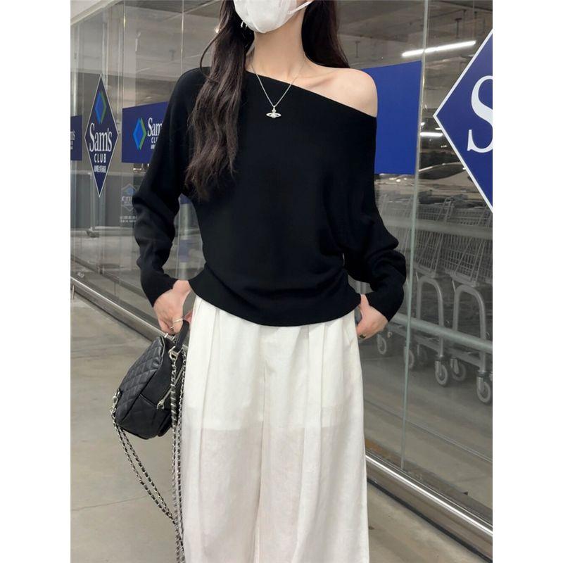 Kumikumi Gentle Temperament Sloping Shoulder Long Sleeve Knit Women Clothes Autumn Slimming All-Match Solid off-Shoulder Top
