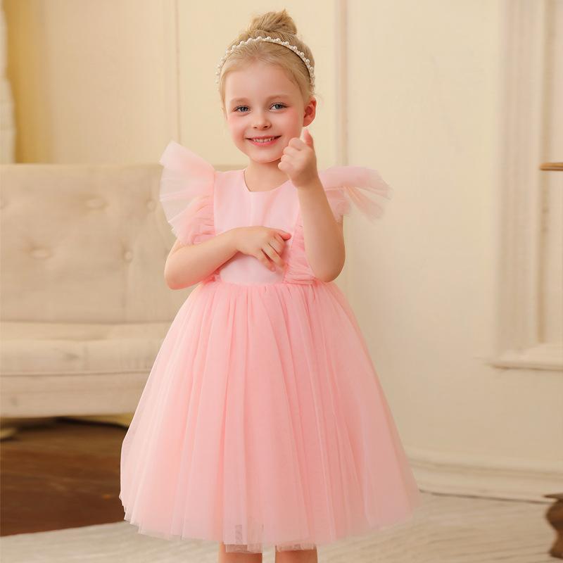 Little Girls Princess Tulle Flying Sleeve Flower Girl Party Performance Dress Gown