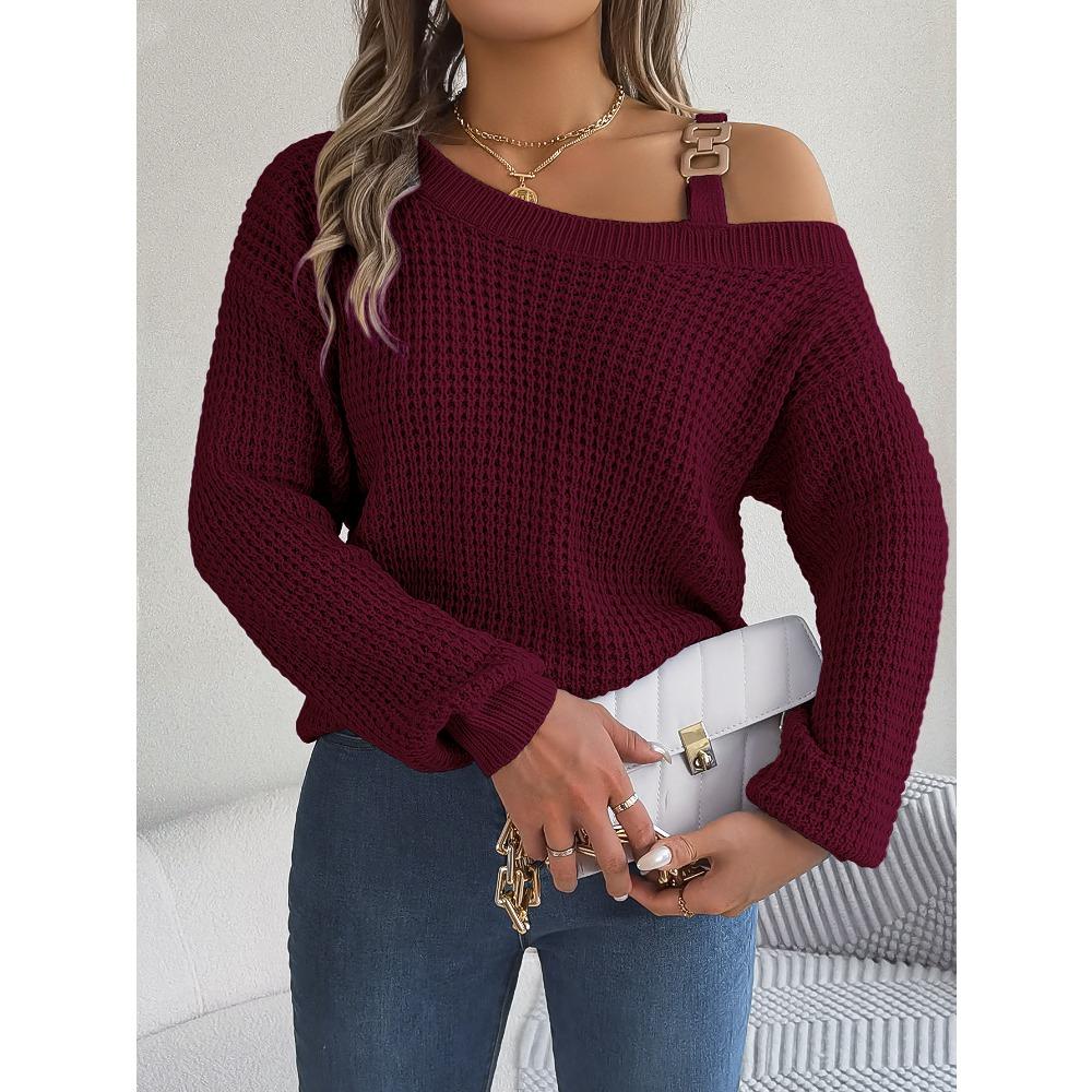 Damesweatshirt Høst/Vinter Casual Metallspenne Lappverk Off-Shoulder Klokkeermer Pullover Strikk Damer Strikket Topp