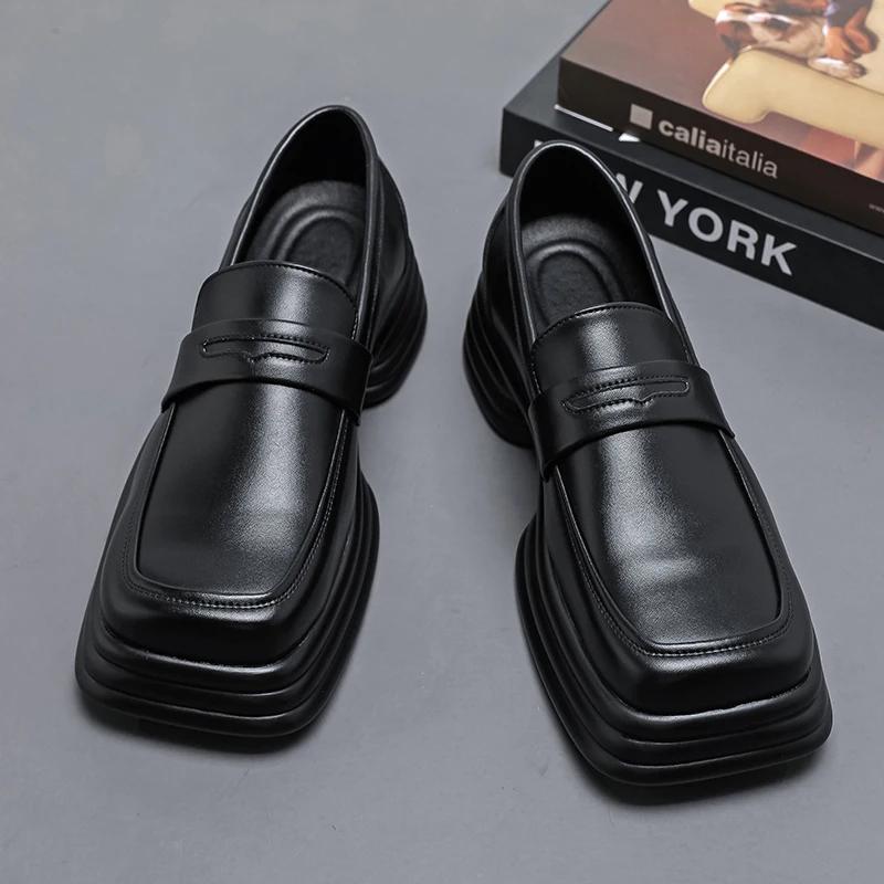 Fashion Fashion Trends Square Toe Men Leather Shoes Party Casual Thick Soled Shoes Slip-On Handmade Leather Loafers Moccasins Size 38-46