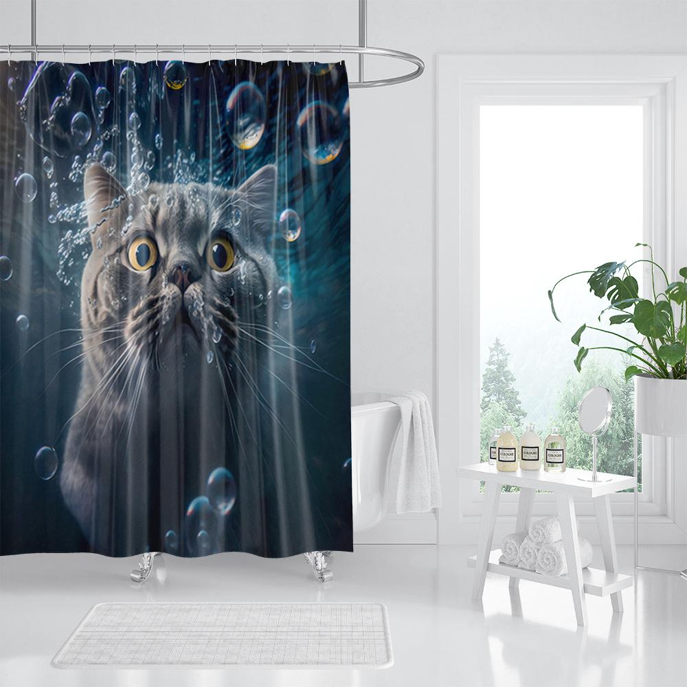Funny Cat Shower Curtain, Dinosaur Cat Dog Animal Shark Funny Ocean Coral Goldfish Bathtub Bubbles Kids Cartoon Bathroom Decor