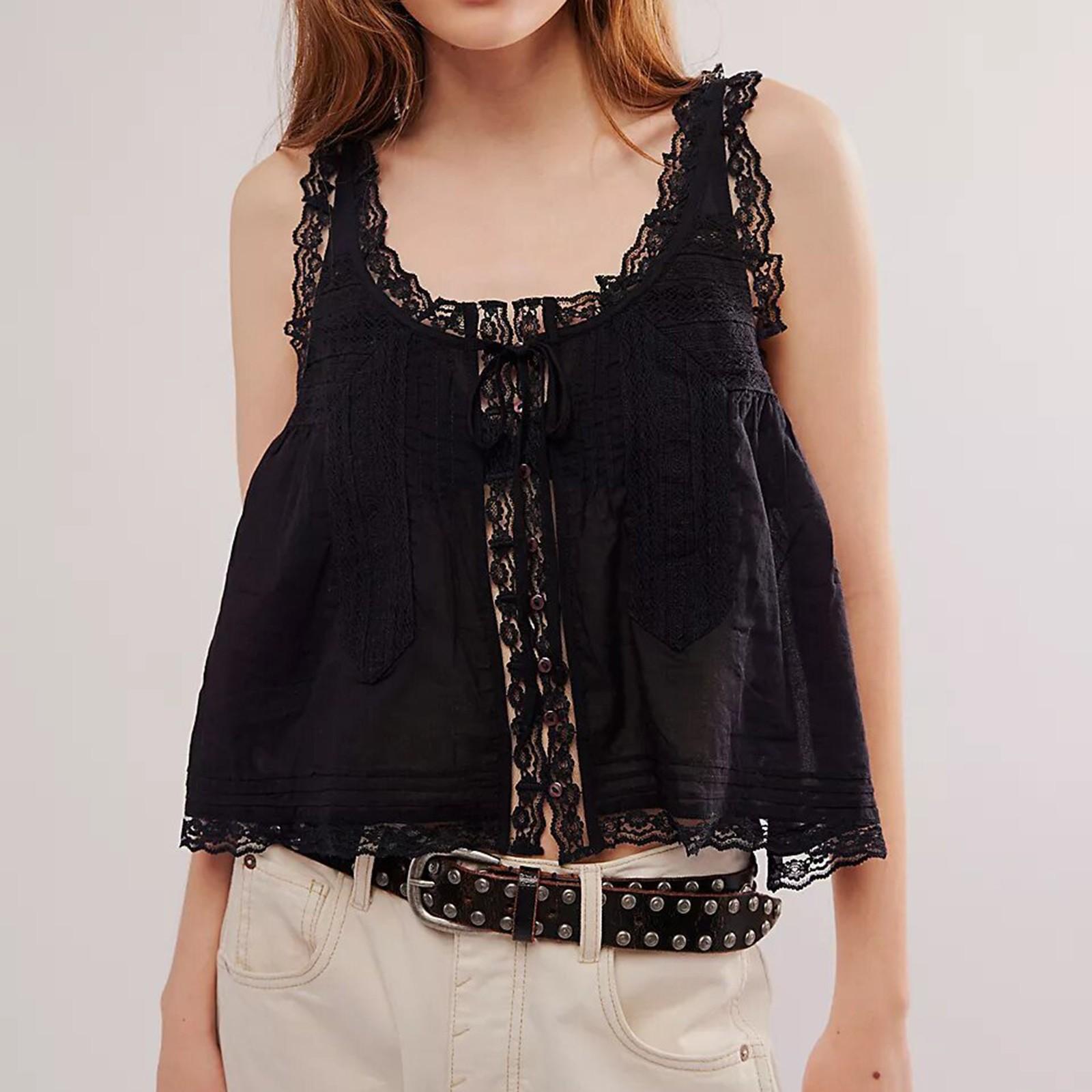 Women s Fashion Casual Sleeveless Lace Lace Sweet Slim Small Camisole Vest Button Top S чёрный