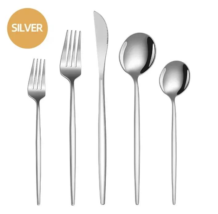 

5 pcs black and Golden Spoon and Fork Set Stainless Steel Steak Knife Fork Spoon Dessert Spoon Tableware kitchenware Set серебряный