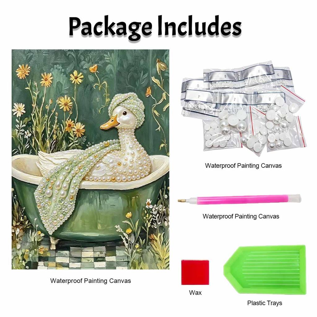 Framed Pearl Art DIY Kit with Cute Duck in Bathtub Pattern 3D Sparkling Bead Canvas Painting Handmade Gift for Home Decoration Wall Art