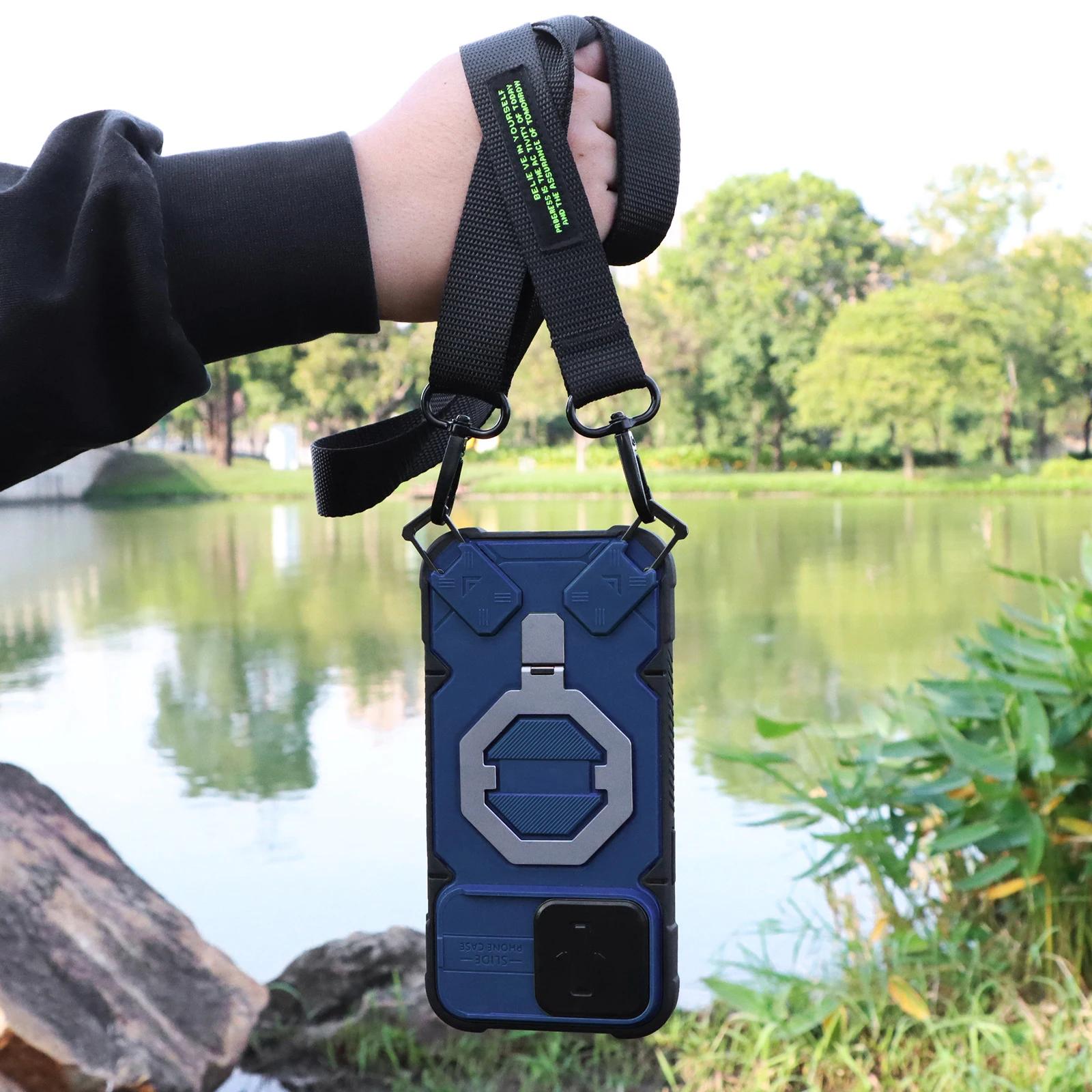 

Чехол для телефона Crossbody Rope Camera Sliding Window Protection для iPhone 16 15 Plus 14 13 Pro Max с магнитной подставкой и противоударным покрытием For iPhone 15 Pro Max&Case & Strap