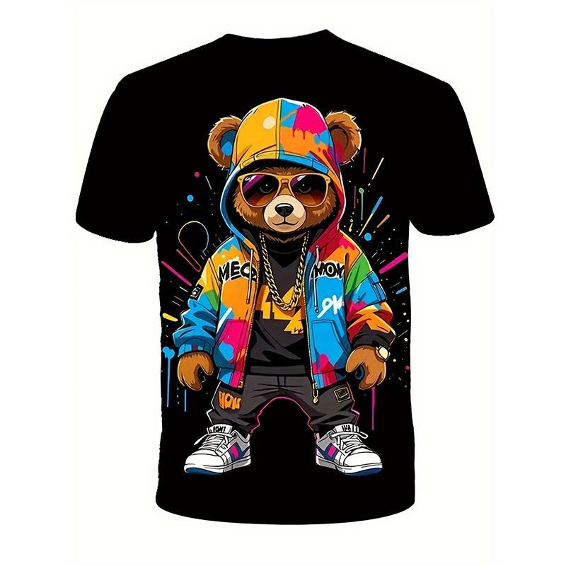 Summer Round Neck Cute Bear Graphic 3D Print Top Fashionable Casual Short Sleeved Men's T-shirts