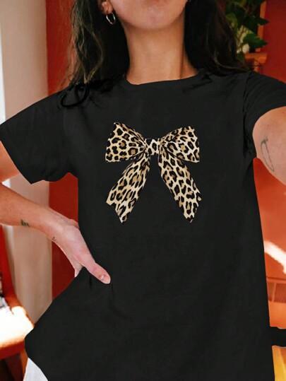 Ladies Casual Round Neck Tshirt Leopard Print Big Bow Black Top Loose and Comfortable Plus Size Short Sleeved Shirt