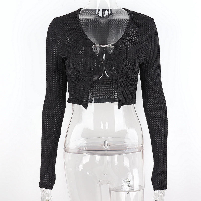 2022 Spring Summer New Solid Color High Waist T-shirt Woman Clothes Women Long SleeveT-shirt Knitted Cut Out Skinny Top Sexy