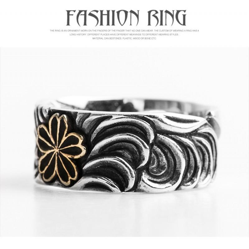 Adjustable Open Ring Men Women Sterling Vintage Cherry Blossom Floral Design Style Stackable Finger