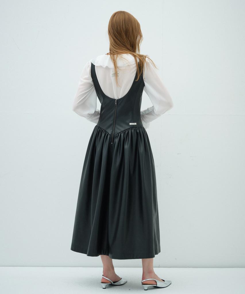 Obeodyupeulleeo Square Neck Leather Long Dress_Black