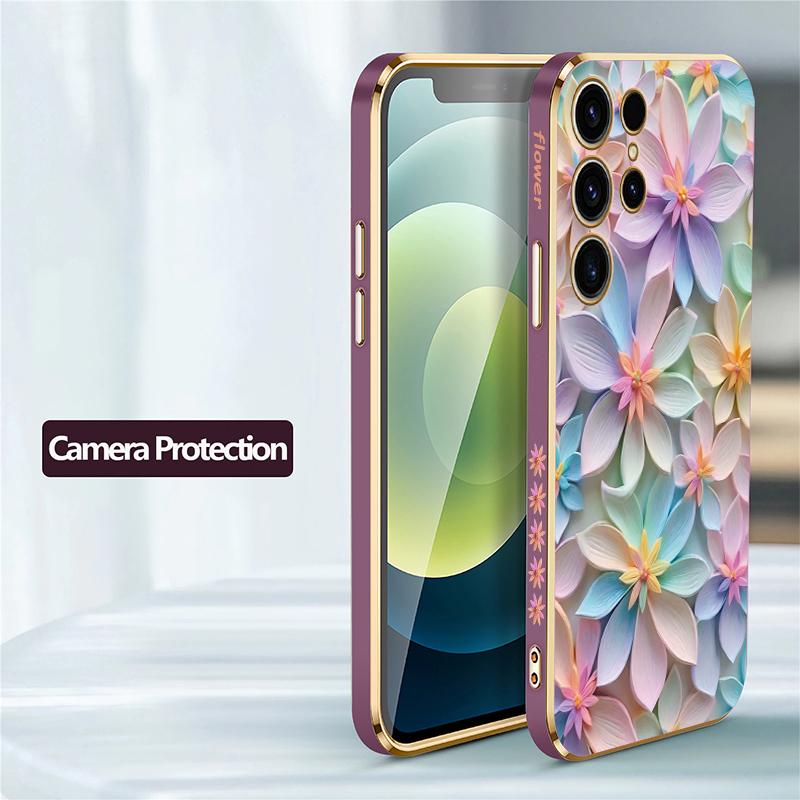 S25 Ultra Soft Silicone Case For Samsung Galaxy S22 S21 S25 Plus S24 FE S24 Plus Shockproof Flower Pattern Plating Cover
