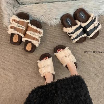 Zapatillas de Casa de Peluche Fluffy para Mujer Sandalias Moda Botas de Interior Antideslizantes para Mujer Para Uso en Casa Planas Gruesas de Lujo Zapatos de Exterior
