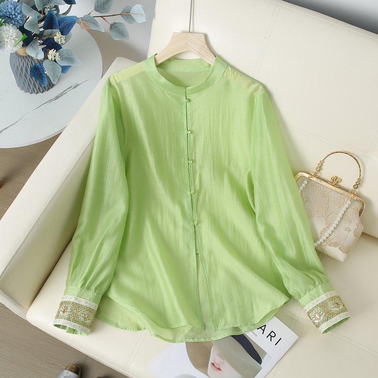 

Women s Retro Embroidered Stand Collar Gauze Top - Spring/Summer 2XL (105-120 lbs) світло-зелений колір