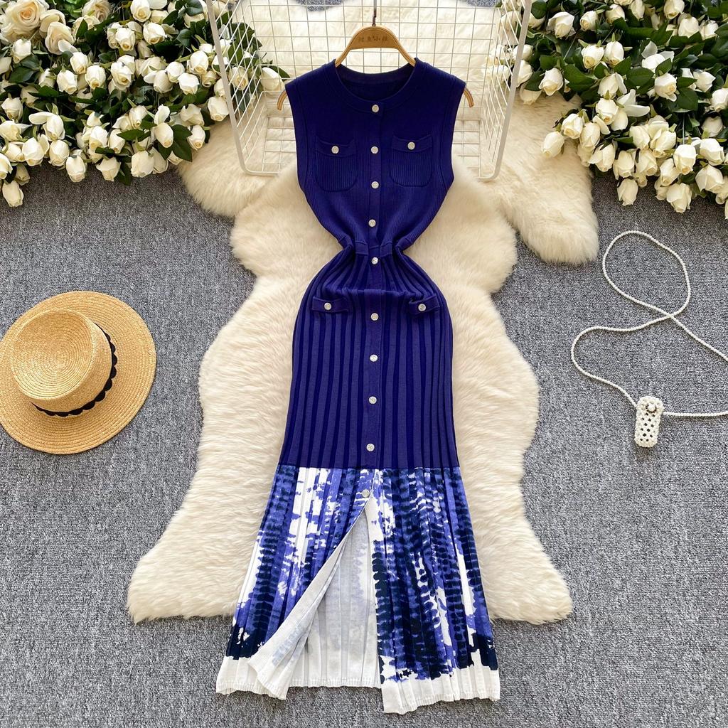 Summer Women Sleeveless Print Designer Runway Dress Single Breasted Knitted Sweater Dresses