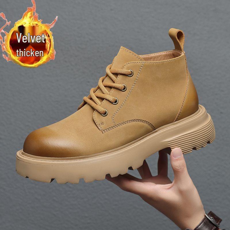 

Men s Yellow Genuine Leather Retro Martin Boots - British Style, Height-Increasing, Thick-Soled, High-Top, Casual/Work. 43