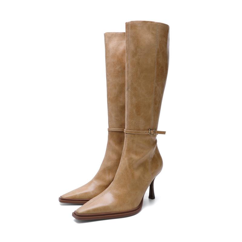 

Осень И Зима Новые Женские Коричневые Сапоги на Высоком Каблуке Ретро Высокие Сапоги Рыцаря Женские Сапоги до Колена на Тонком Каблуке 42