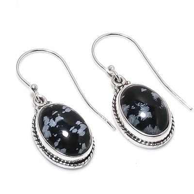 Doğal Kar Tanesi Obsidyen Değerli Taş 925 Katı Gümüş Küpe 1.25" A7B59