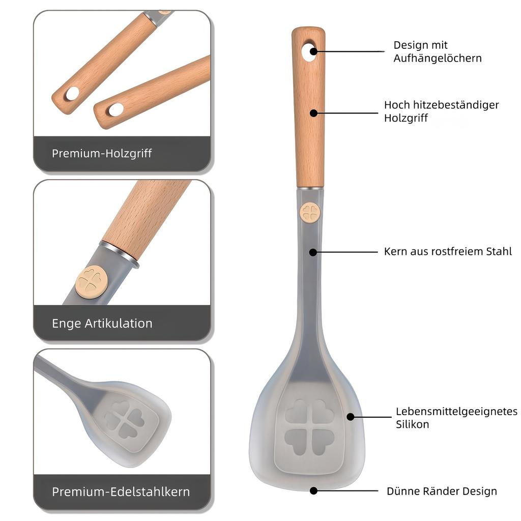 Silicone Kitchen Utensils Non Stick Spatula Pattern Soup Spoon Rice Scoop Beech Wood Handle Semi Transparent Steel Core Heat-Resistant Cooking Tool