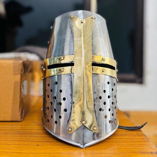 Handcrafted Steel Crusader Helmet Medieval Knight Great Helm with Brass Trim
