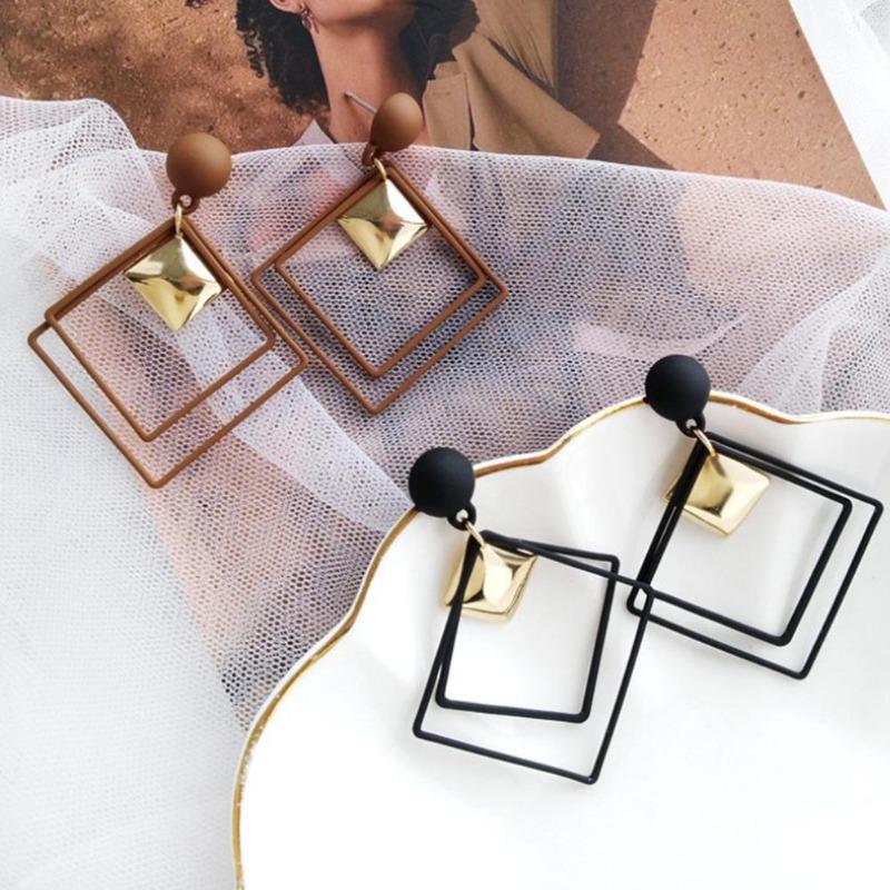 Pendientes huecos geométricos colgantes con pasador cuadrado doble, joyería, regalos bonitos