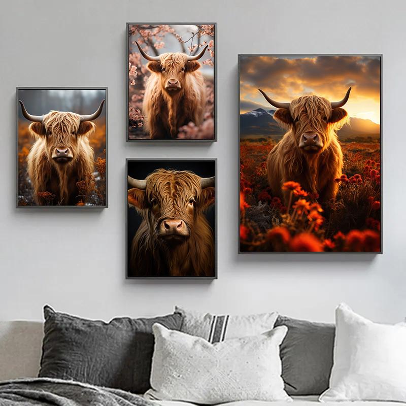 Scottish Highland Cow In Flowers Portrait Cute Wild Animals Poster Canvas Painting Wall Art Pictures Home Farmhouse Decor Gift