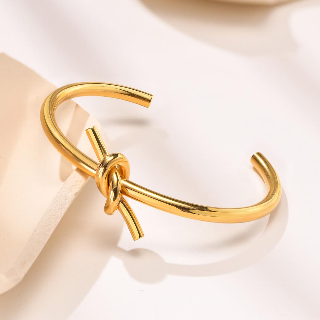Dainty Knot Cuff Bracelet Bangles for Women, Gold Color Stainless Steel Bracelets, Trendy Wristband Jewelry Gift to Her