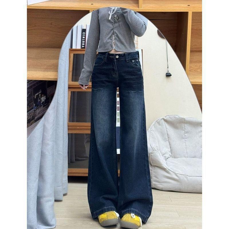 

American Retro Deep Blue-Gray Wide-Leg Women s Velvet-Lined Low-Waist Floor-Length Jeans S 80-95 lbs