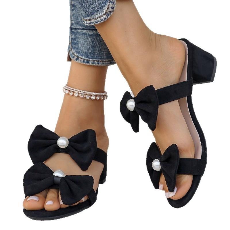 Women’s Pearl Bow Hollow-Out Pointed Mid-Heel Slide Sandals Fashion Shoes