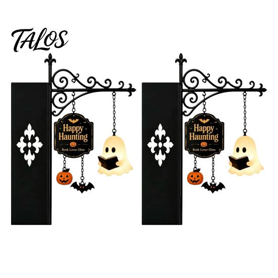 Seasonal Soft Furnishings Ghost LED Bookshelf Lamp with Pumpkin Bat Hanging Charms, Halloween Ambient Light for Bookshelves Bookend Night Light,