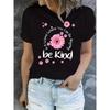 Women Crew Neck Short Sleeve T-shirt Flowers Letter Be Kind Print Casual Daily Wear Top