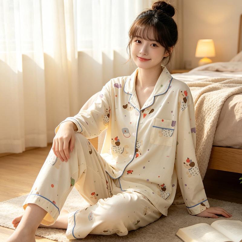 Japanese cute cartoon pajamas women's spring and autumn imitation cotton long-sleeved soft girl casual loungewear suit can be worn outside