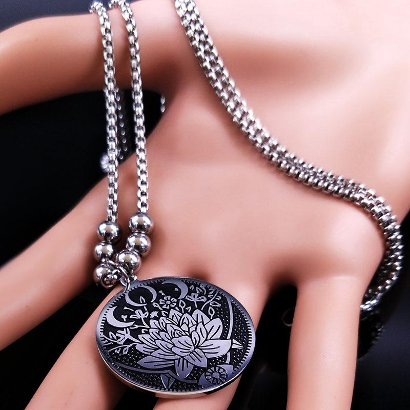 Wicca Lotus Stainless Steel Necklaces Pendants for Men Black Silver Color Moon Eye Long Chain Necklace Jewelry Colgante Hombre