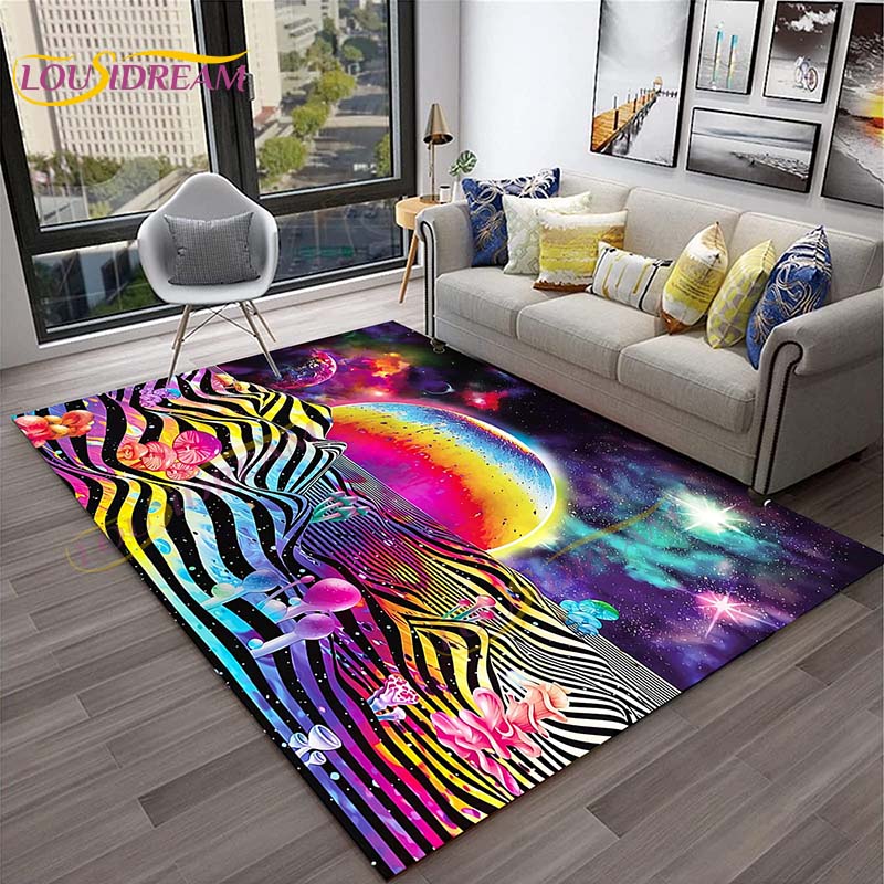 3D Starry Botanical Sun Moonlit Mushroom Rug Floral Hippie Moon Phase Carpet for Aesthetic Bedroom Living Room Vintage Game Mat