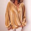 Fall Winter Velvet V Neck Blouse Long Sleeve Lantern Sleeve Loose Fit Casual Top