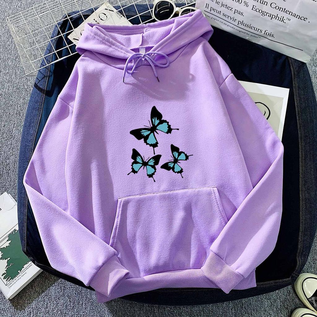 Autumn and Winter Black and Blue Butterfly Print Hoodie Sweatshirt for Men and Women Couples Korean Style Trendy Tops